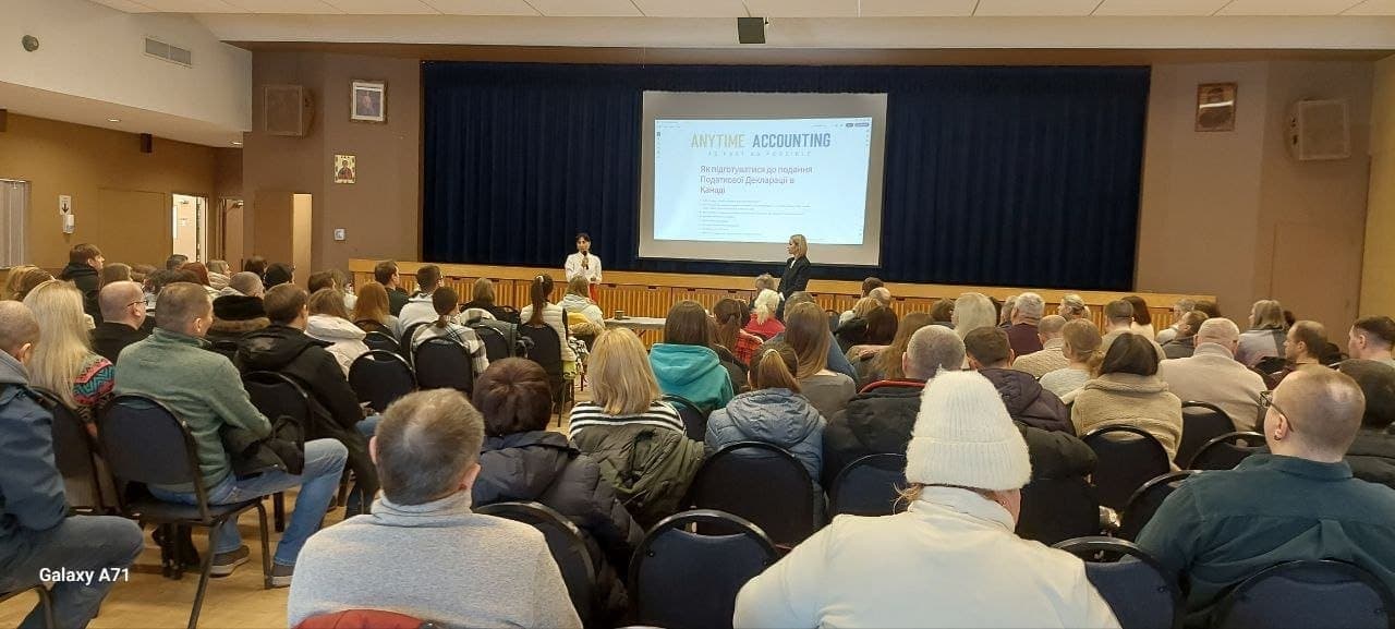 A full hall listening to Olha Vozna's tax seminar at St. Volodymyr Church in Calgary