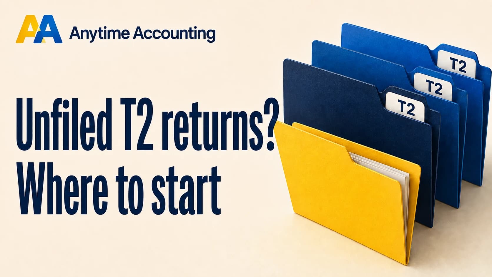 Unfiled T2 returns? Where to start. Yearly document folders and the Anytime Accounting logo.