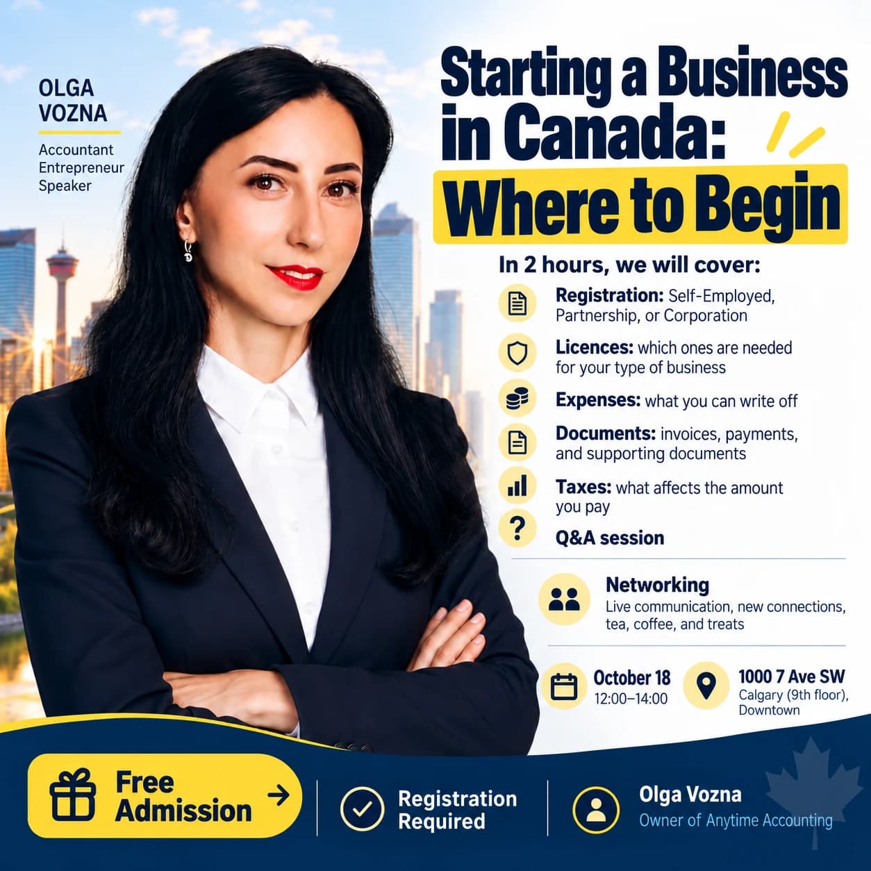 Original October 18 workshop poster: Starting a business in Canada, where to begin, with Olha Vozna in Calgary.